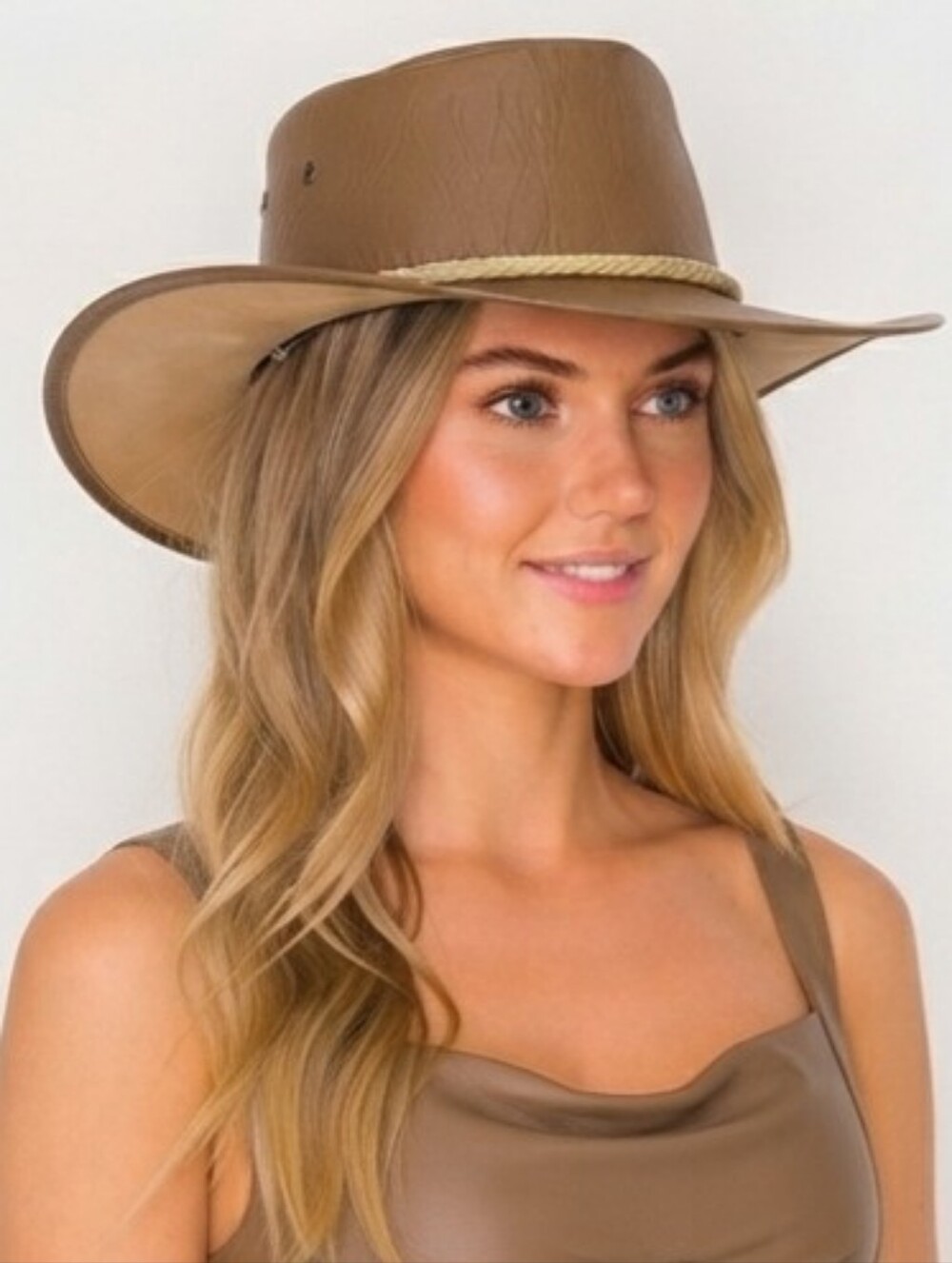 Beloved Millinery Women's Tan Cream Leather Western Cowboy Hat with Braided Band